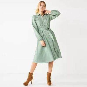Nine West Women's Sage Green Button-up Tie Waist Dress Size M Medium